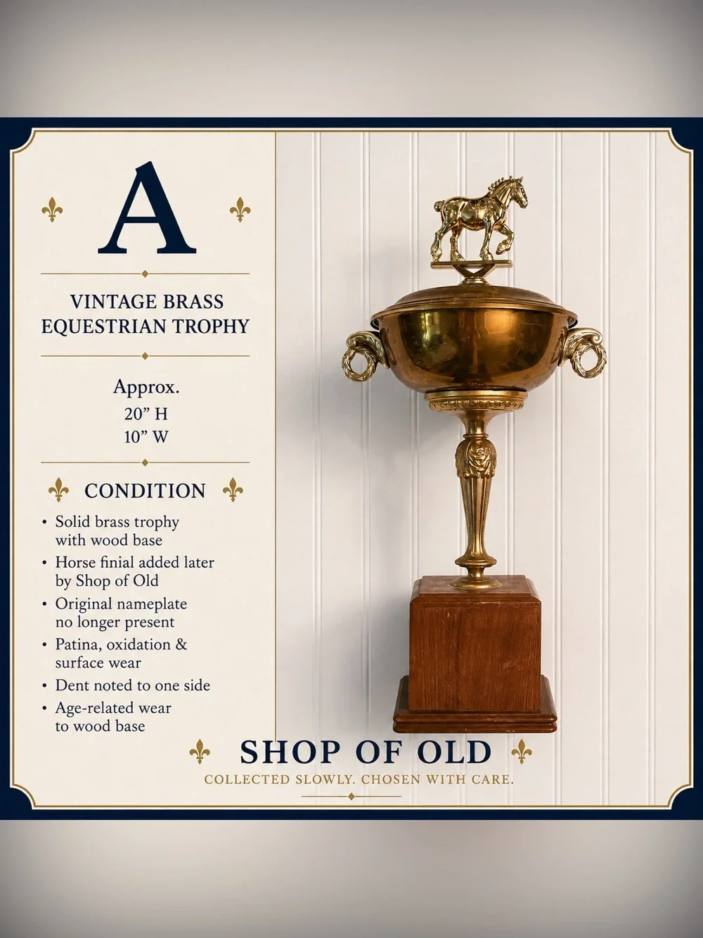 Vintage Brass Equestrian Trophy Urn with Horse Finial
